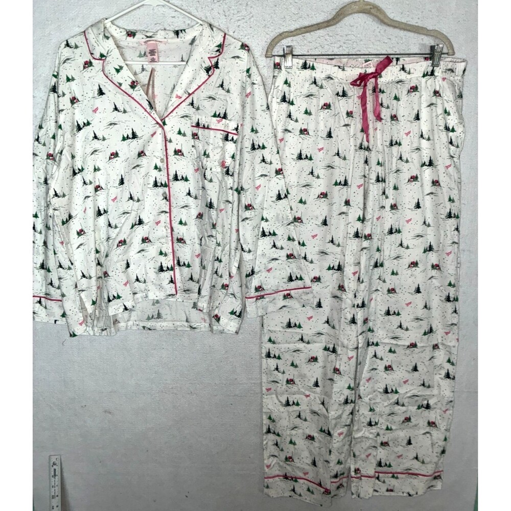 Victoria Secret Flannel Long Pajama Set Womens L Whimsy Winter Forest Ski White